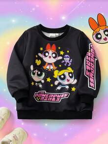 THE POWERPUFF GIRLS X SHEIN 1pc Cute & Fun Style Young Girl Cartoon Print Crew Neck Long Sleeve Comfortable Sweatshirt - Black - View 1