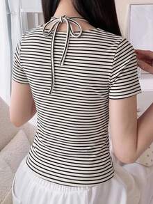 FRIFUL Women's Summer New Solid Color Ruched Drawstring Bowknot Cinched Waist Casual Versatile T-Shirt Cute Tops - Black - View 2