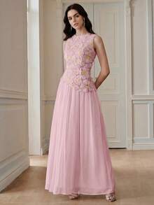 Anewsta Robe longue élégante et raffinée pour femme, style fête de la Saint-Valentin printemps/été, sans manches, col rond, taille cintrée, avec broderie florale et patchwork, pour soirée - Rose pâle - Voir 4