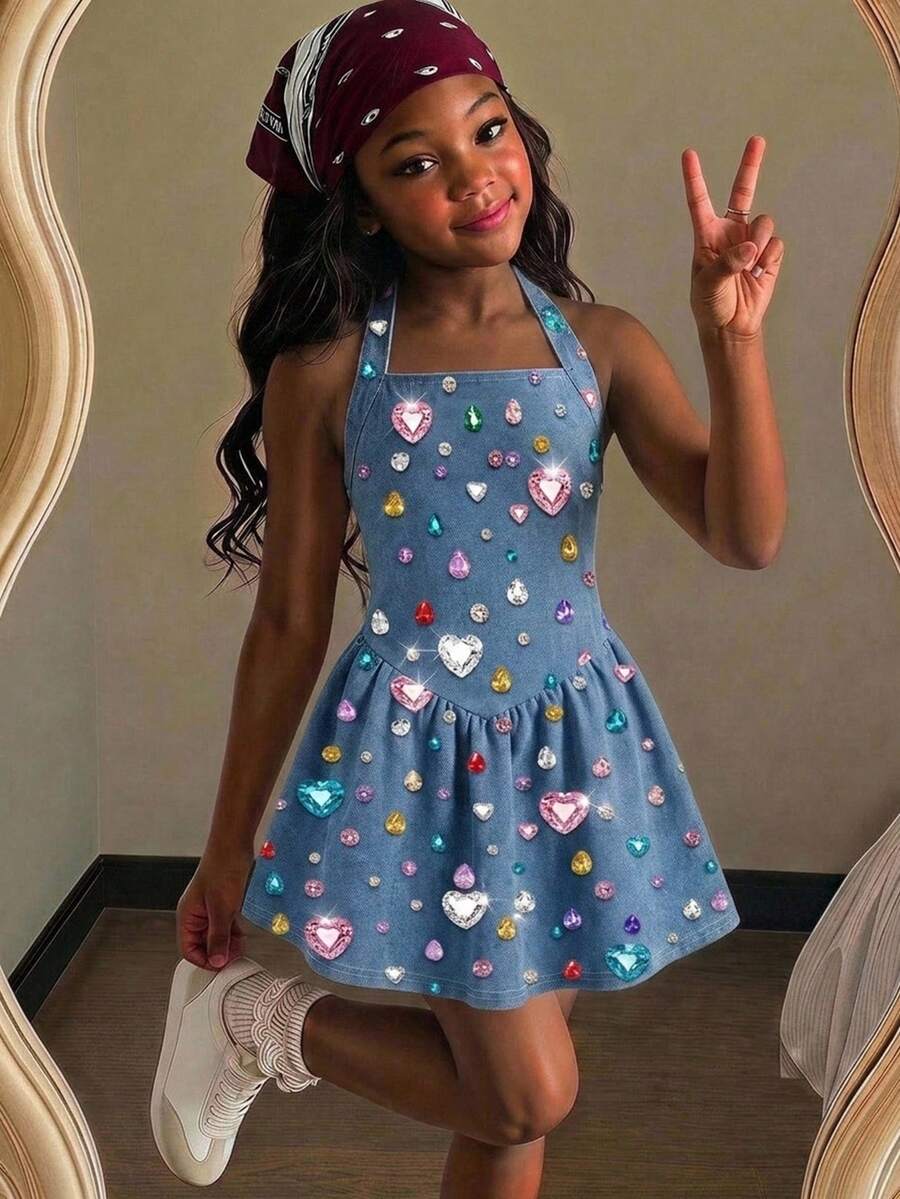 Kids Young Girl Kids Casual Fashion Colorful Rhinestone Decor Halter Neck A-Line Dress