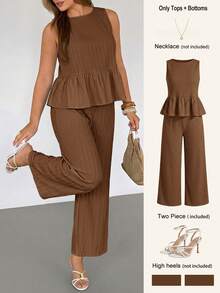 Auralis Spring/Summer Casual Comfortable Green Plaid Sleeveless Pullover Top With Ruffle Hem & Wide Leg Pants With Pockets And Elastic Waistband Plus Size 2-Piece Set/Vintage Academic Back To School Outfit/Casual/Vacation/Outing/Plus Size Set/Suit Set - Brown - View 8