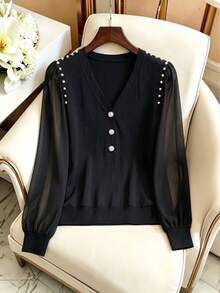 GlowEve Autumn Elegant Pearl Decor Chiffon Patchwork V-Neck Button-Down Lantern Long Sleeve Women's T-Shirt - Black - View 5