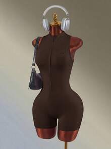 Amplova Women's Simple Zip-Up Drawstring Waist Sports Jumpsuit, Summer Spring&Summer Workout Exercise And Body Shaping, High Elasticity - Coffee Brown - View 7
