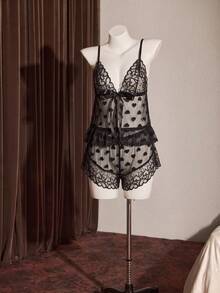 Slumberist Summer Heart Mesh Lace Patchwork Sheer Camisole & Shorts Sexy Sleepwear Set - Black - View 7