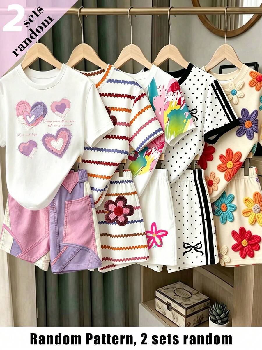 (2 Random Item From 5) Girls' Purple Pink Heart, Colorful Brown Stripe, Floral, Bow, Polka Dot Pattern Basic Short T-Shirt And Shorts - Multicolor - View 1