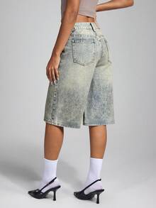 SHEIN ICON Shorts de mezclilla de pierna recta lavados vintage para el verano - Azul lavado medio - Ver 2