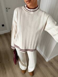 Pariaura Women's Ribbed Striped Long Sleeve Sweater And Knit Pants Set, Soft Style - White - View 2