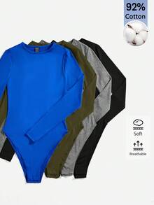 SHEIN BASICS 女款純色圓領休閒日常長袖連身衣 - 軍綠色 - 查看 7