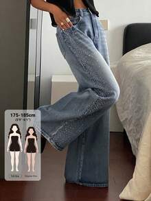 Livesso Tall Celana Jeans Denim Wanita Model Lurus Longgar dengan Hiasan Berlian Imitasi untuk Pemakaian Sehari-hari Kasual di Musim Gugur - Light Wash - View 1