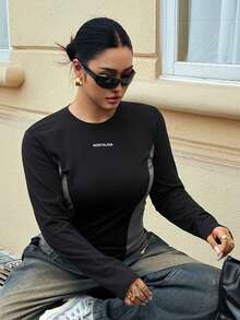 Dazy Plus Letter Print Colorblock Slim Fit Long Sleeve Casual Street Style Spring Autumn T-Shirt - Black - View 5