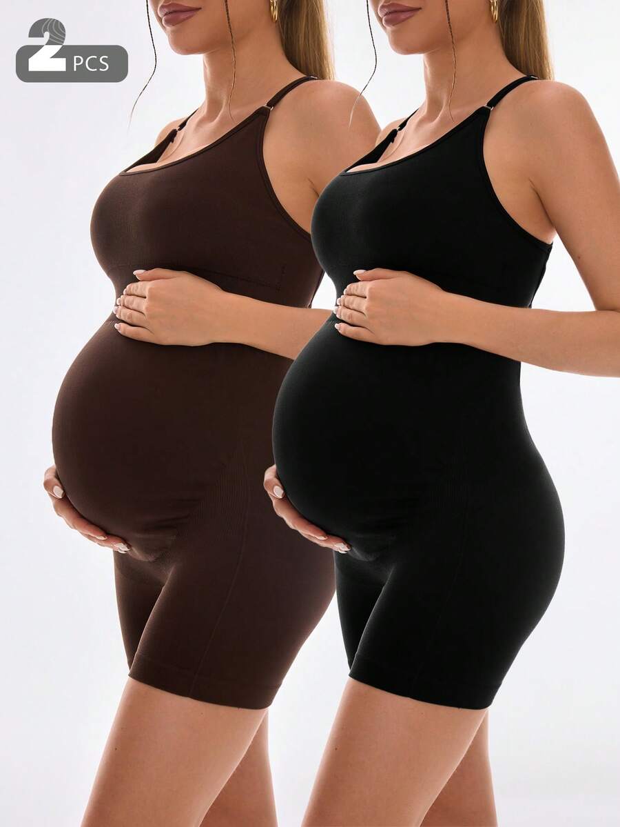 SHEIN Maternity Solid Color Criss-Cross Back Design Camisole Sports Romper Photoshoot Brown Black Summer - Multicolor - View 1