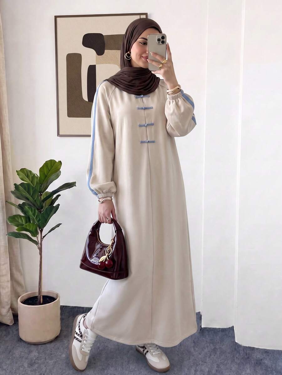 Veilorie 女款對比色條紋青蛙鈕扣長洋裝 - 彩色 - 查看 1