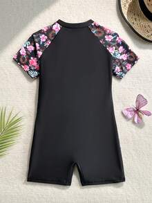 SHEIN Sparklyn 青少年女孩熱帶印花拼接短袖連身泳衣，適合海灘、度假、玩耍、沙灘、夏季 - 彩色 - 查看 2