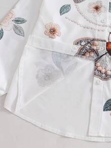 2pcs/Set Girls' Gentle Korean Style Campus Date Outdoor Commute Spring Autumn 3D Floral Butterfly Embroidered Collared Shirt, Knitted Shawl, Drapey Pi - Pink - View 3