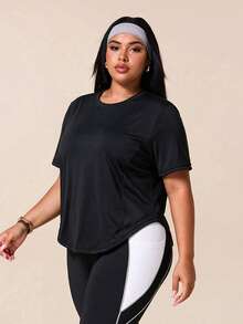 Rhythm Era Women's Plus Size Solid Color Crew Neck Short Sleeve Sports T-Shirt - Black - View 3