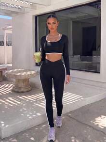 Sunnyshic Women's Colorblock Casual Versatile Daily Travel Sports Tight Leggings - Black and White - View 3