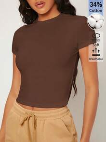 SHEIN BASICS 女款純色休閒圓領短袖短版T恤上衣 白色上衣 - 咖啡棕 - 查看 6