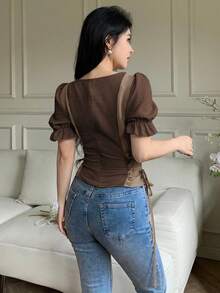 Feyla Women's Jacquard Contrast Lace Puff Sleeve Side Waist Tie Elegant Blouse - Brown - View 7