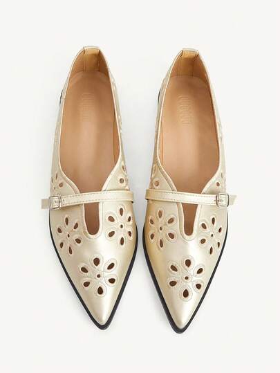 CUCCOO CHICEST Women's Hollow Embroidery, Buckle, Comfortable Flat Shoes