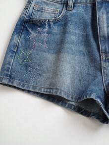 THE POWERPUFF GIRLS X SHEIN Women's Cartoon Pattern Pocket Casual Denim Shorts - Blue - View 7