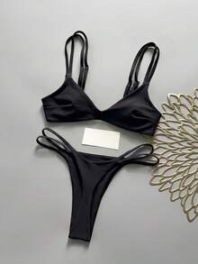 Swim Vcay Women's Solid Color Double Strap Bikini Set, Spring/Summer - Black - View 2