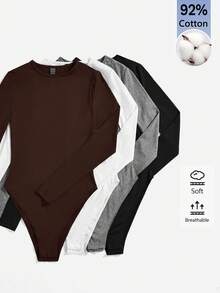 SHEIN BASICS 女款純色極簡百搭圓領長袖連身衣 - 咖啡棕 - 查看 7