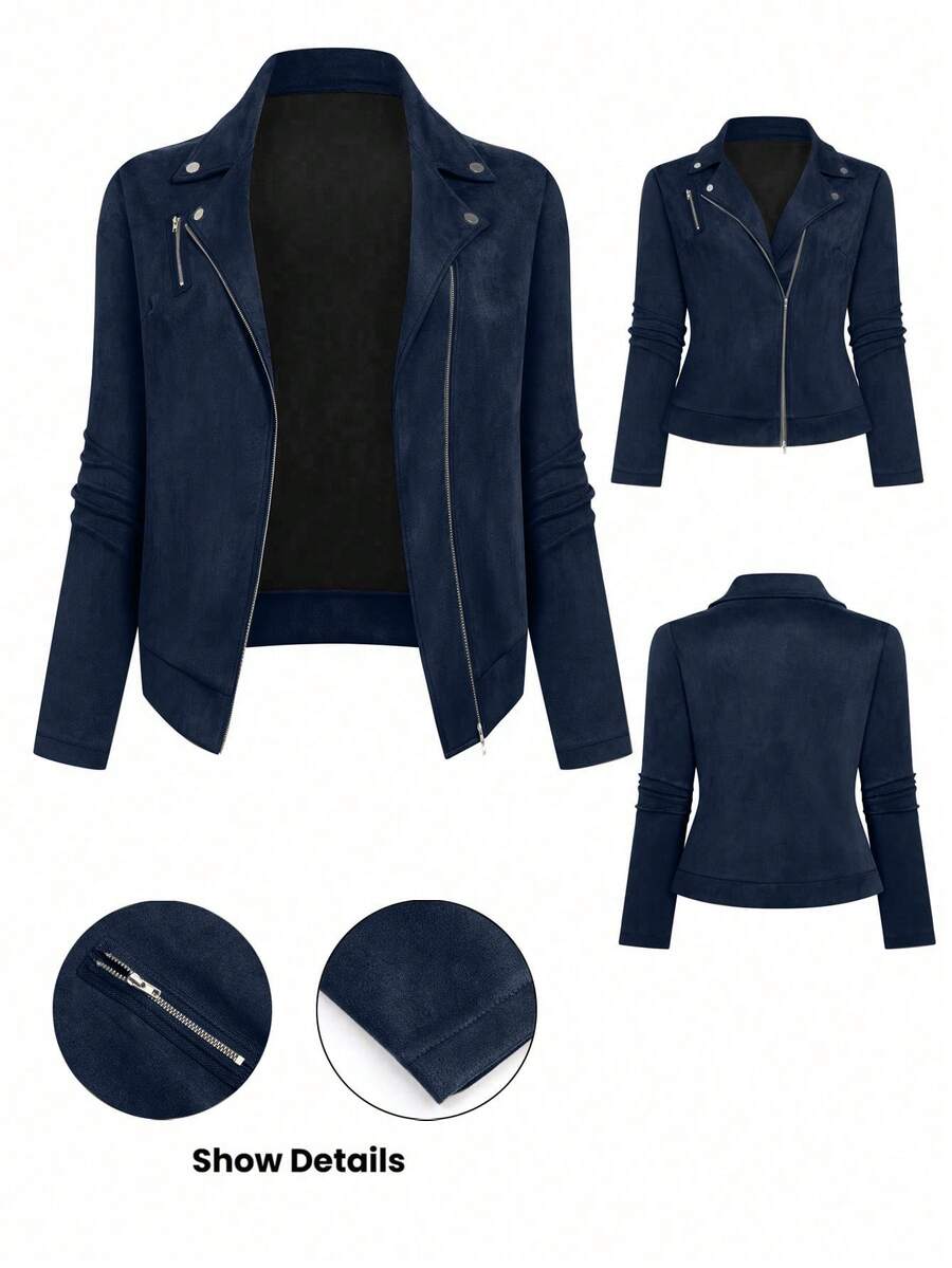 SHEIN LUNE CURVE Jaket Motor Kasual Wanita Ukuran Besar Bahan Suede dengan Kerah dan Resleting untuk Musim Gugur - Navy Blue - View 1