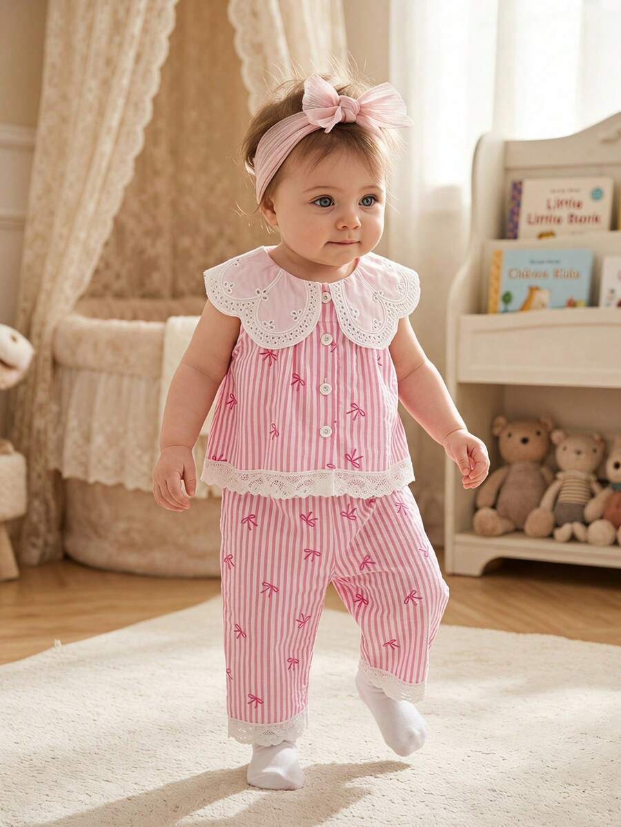SHEIN 幼童女童學院風可愛日系粉色與白色條紋背心褲套裝,彼得潘領結蝴蝶結設計夏季款 - 粉色 - 查看 1