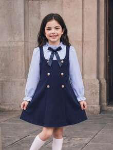 Elladie kids Girls' Spring/Autumn Collar 2 In 1 Top With Blue Striped Front Neckline, 3D Woven Ribbon Bow, Navy Blue Back To School Clothes  Preppy School Dress - Blue - View 4