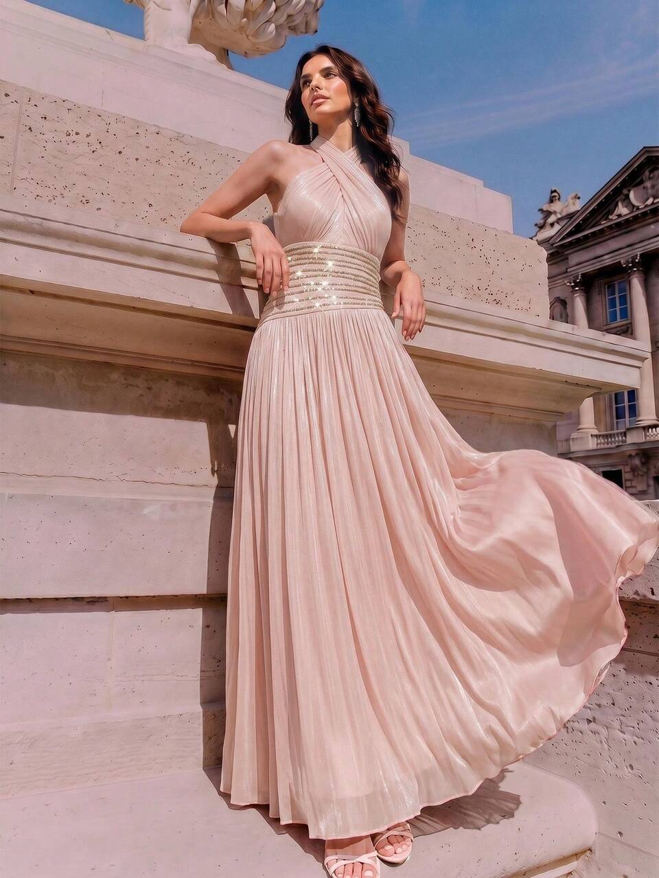 Anewsta New Women's Summer Sleeveless Criss-Cross Halter Neck Waist-Cinched Hemline Diamond Chain Decor Shiny Glossy Pink Dress Vacation Holiday Outfit