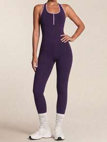 SHEIN BAE 女士撞色镂空后背连体裤，休闲健身运动服 - Bold Plum - 查看 3