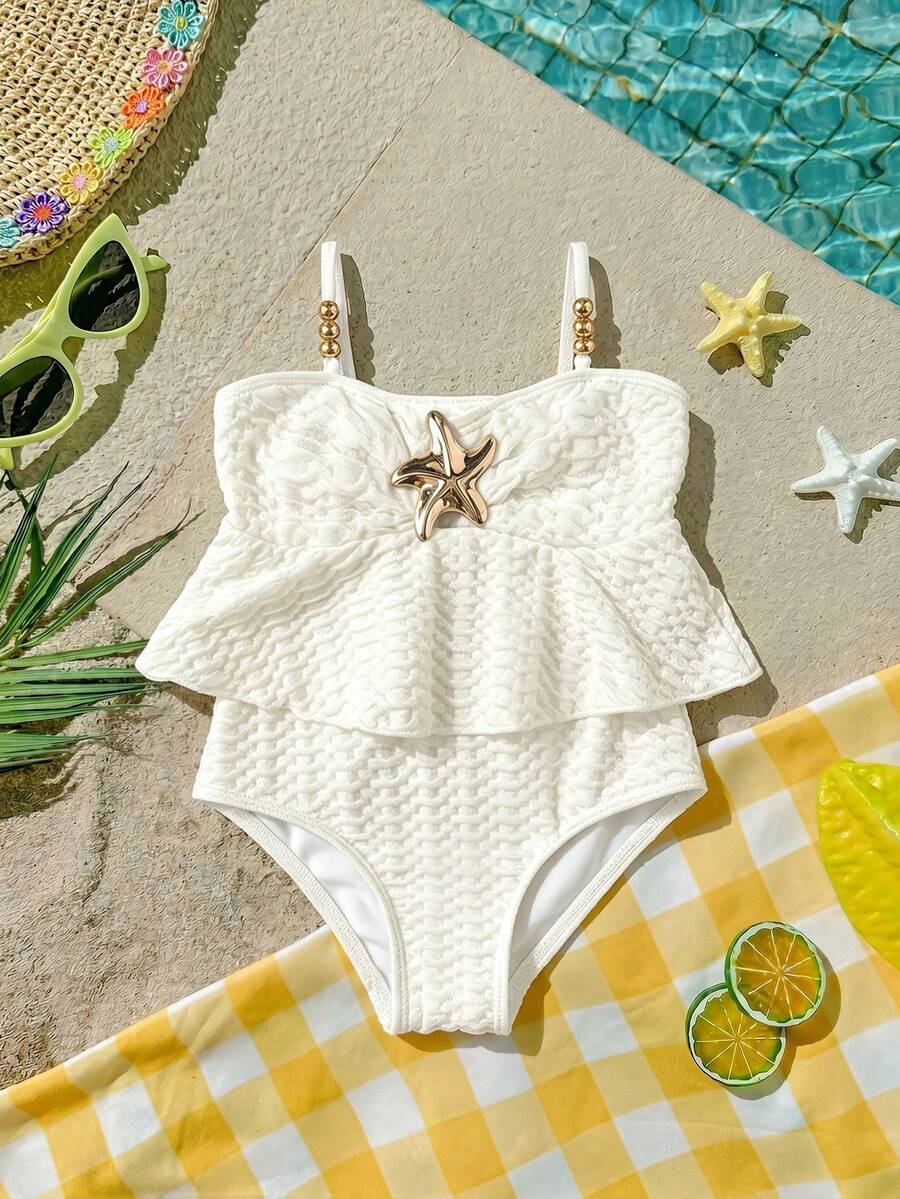 SHEIN Young Girl One-Piece Swimsuit, Cute Polyester Swimwear, Suitable For Summer Swimming, Fashionable Colorful Casual Swimsuit, Suitable For Young Girls, White Ruffle One-Piece Swimsuit, Children's White Ruffle Swimsuit, Ruffle Girls' Swimsuit, White Children's Swimwear, Ruffle Girls' One-Piece Swimsuit - Beige - View 1