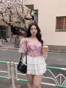 SHEIN MOD Women's Plus Size Elegant Fairy Pirate Butterfly Print Deep V-Neck Ruffle Tie Flare Sleeve T-Shirt Light Pink Floral Autumn Brunch Fall - Pink - View 7