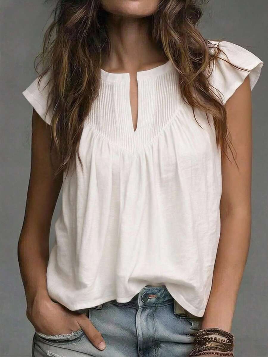 Breezaya Blusa da donna in misto lino e finta seta bianca, stile bohémien francese, vestibilità ampia e snellente, scollo a V, casual per uso quotidiano, top estivo a righe con pieghe e scollo a V per vacanze, abbigliamento estivo, per pendolarismo, blusa elegante - Bianco - Visualizzare 1