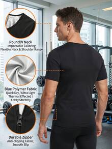 Gym Rark ملابس علوية ساونا رجالي بسحاب وأكمام قصيرة، توب ضاغط، تحكم في البطن، تشكيل الجسم، تمرين الجيم، تي شيرت لياقة لفقدان الوزن، بدلة رياضية ضيقة للتعرق - فضي - مشاهدة 2