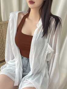 DAZY 女款修身細肩帶露背背心短版上衣，性感風格，適合夏季、春季、秋季音樂節、度假與街頭穿搭 - 棕色 - View 5