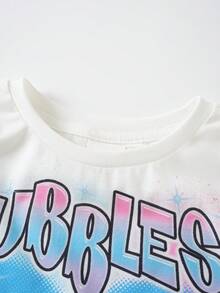 THE POWERPUFF GIRLS X SHEIN Young Girl Letter Cartoon Print Casual Daily Short Sleeve T-Shirt - White - View 3