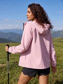 Exploreva Exploreva Women's Long Sleeve Zipper Front Hooded Outdoor Rain Jacket - Pink - View 2