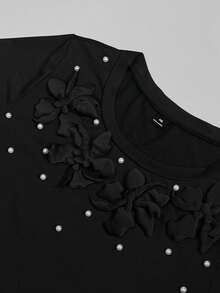 GlowEve CURVE 時尚圓領 3D 花卉珠飾大尺碼女款 T-shirt 短袖上衣 優雅通勤 春夏款 - 黑色 - 查看 6