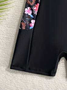 SHEIN Sparklyn 青少年女孩熱帶印花拼接短袖連身泳衣，適合海灘、度假、玩耍、沙灘、夏季 - 彩色 - 查看 5