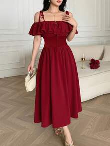 Feyla Vestido de mujer con volantes elegantes - Rojo - Ver 2