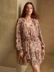 MOTF PREMIUM WOMEN'S EARLY AUTUMN ALLOVER PRINT SHORT DRESS BRUNCH VACATION BEIGE BOHO - Multicolor - View 3