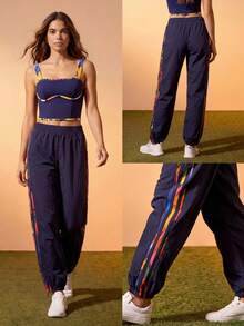 CAJUNI Women's Fashionable Versatile Striped Contrast Color Drawstring Sports Pants, - Navy Blue - View 5
