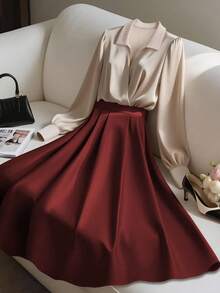 Franclia Elegant Fashion Shiny Fabric Top And Pleated Midi Skirt 2 Pieces Set, Suitable For Autumn/Winter - Multicolor - View 8