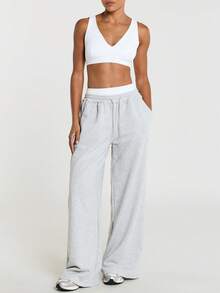 11SKNDS Wide Leg Sweatpants With Elastic Drawstring Waist, Oversized Relaxed Fit Jogger Pants, Cozy Fleece Side Pockets, Casual Loungewear Everyday Comfort - Grey - View 4