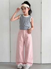 Dazy Kids Jeans de mezclilla para niñas, nuevo estilo primavera/verano, con bolsillos traseros y strass, acampanados (talla grande) - Rosa - Ver 4