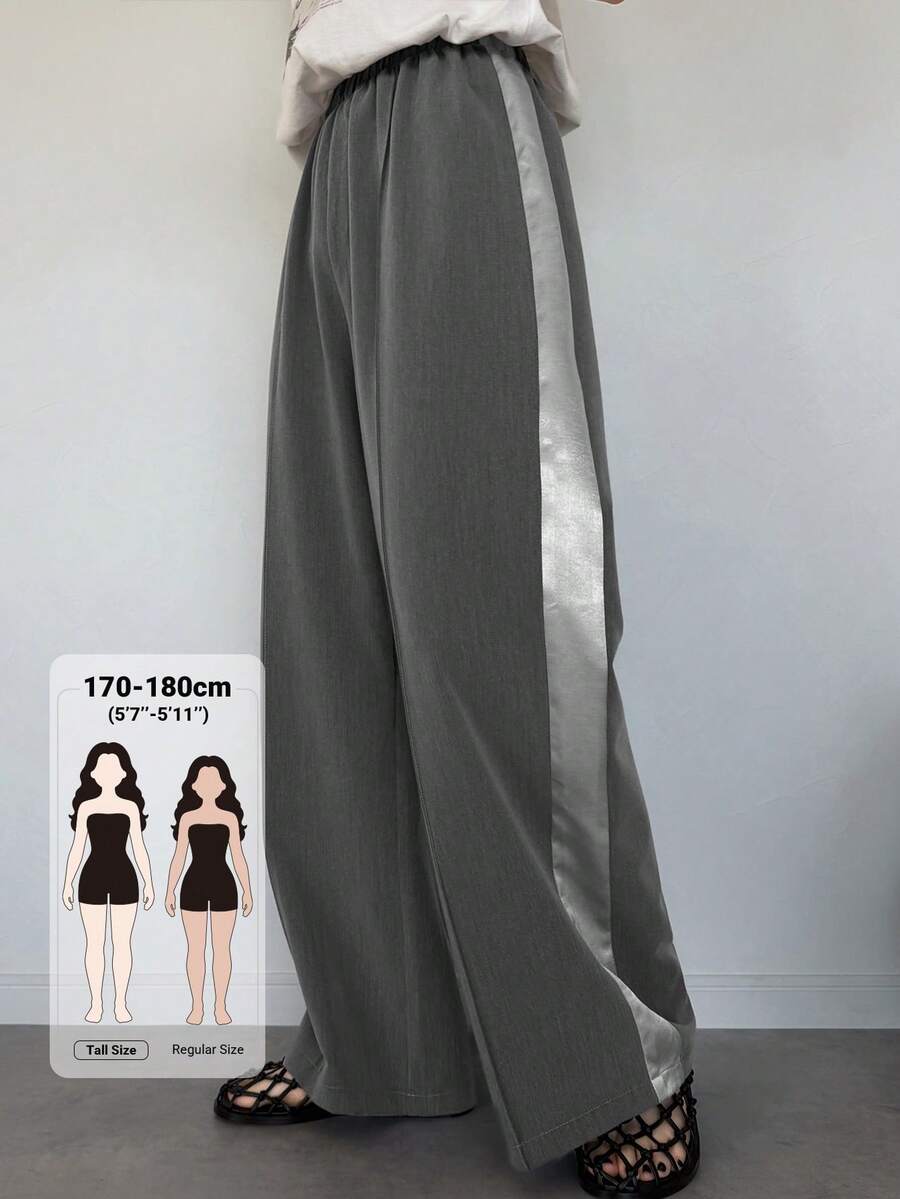 Dazy Tall Celana Kasual Wanita Pinggang Elastis Longgar Potongan Lurus dengan Patchwork Pita Warna-warni untuk Liburan Musim Gugur - Grey - View 1