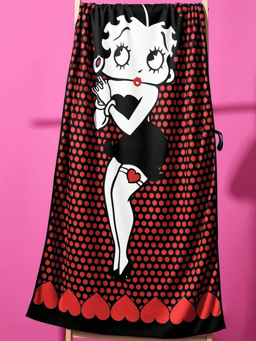 Betty Boop x SHEIN 1件裝卡通Betty印花浴巾沙灘巾,適用於海灘游泳 - 黑波點 - 查看 1
