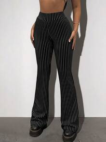 SHEIN ICON Striped Print Flare Leg Trousers - Black - View 1
