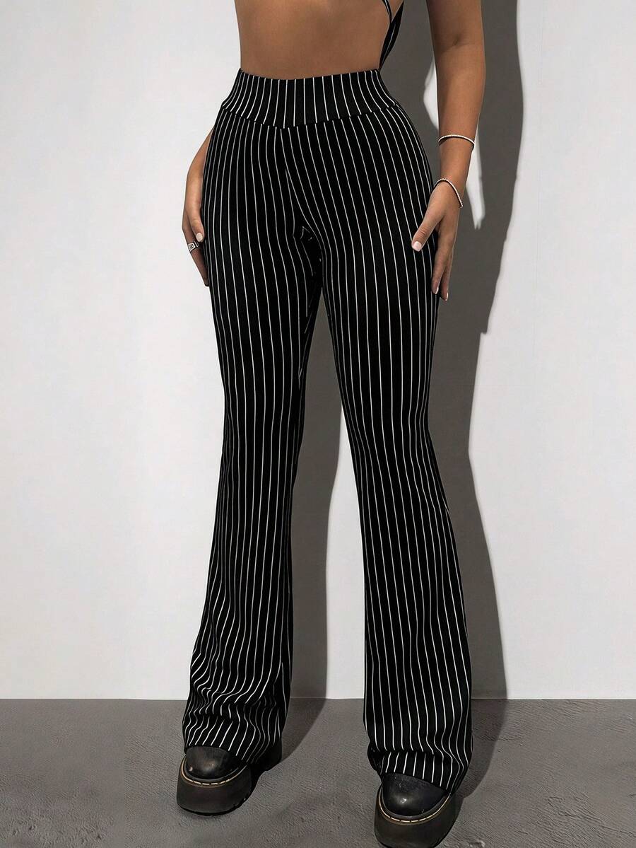 SHEIN ICON Striped Print Flare Leg Trousers - Black - View 1